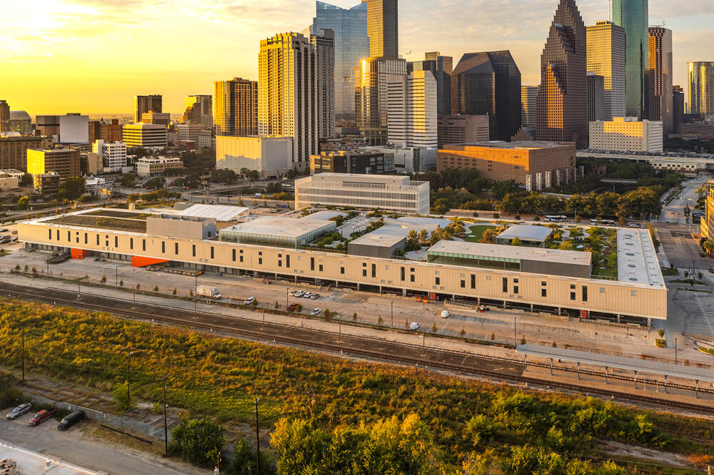 Hydrotech Green roof and Amenity Deck on Houston Post Office at Sunset 